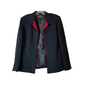 Kasper Petite Black‎ Blazer Red Lined Collarless Open Front Size 12P Holiday